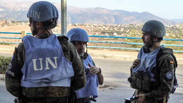 Peacekeepers of the United Nations Interim Force in Lebanon (UNIFIL) coordinate their patrol with the Lebanese Military Police, in Marjayoun in south Lebanon