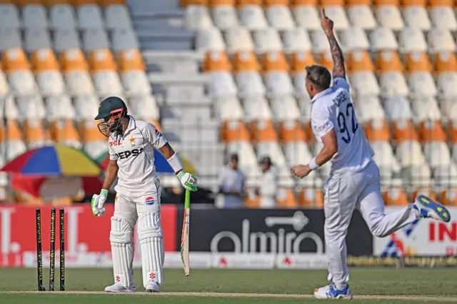 Mohammad Rizwan is clean bowled by England's Brydon Carse