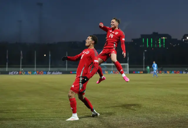 Brennan Johnson celebrates with Connor Roberts