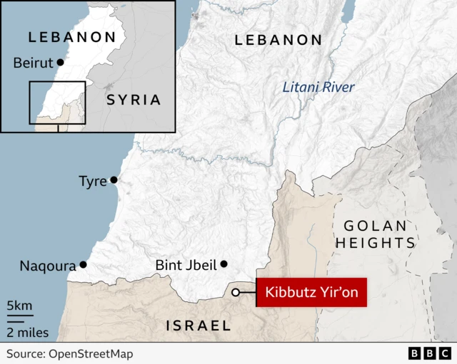 BBC map showing the location of the Kibbutz Yir'on