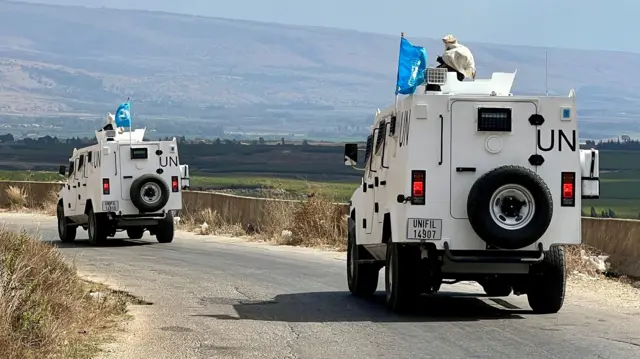 United Nations Interim Force (UNIFIL) vehicles patrol in Wazzani village, southern Lebanon