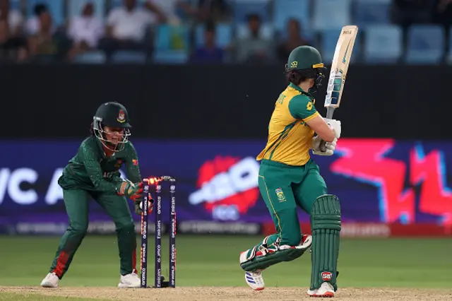 Laura Wolvaardt of South Africa is stumped by Nigar Sultana