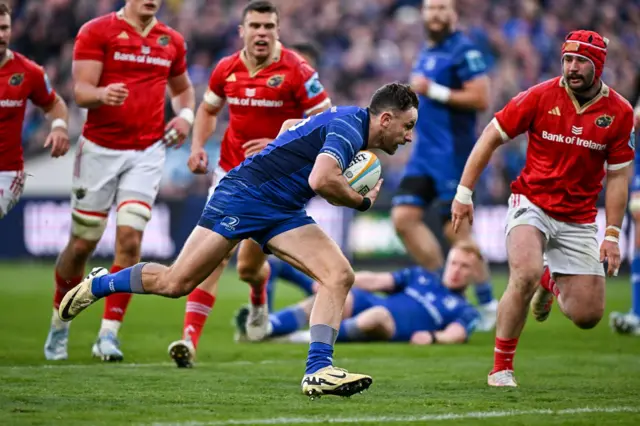 Hugo Keenan runs in Leinster's third try in the 15th minute at Croke Park