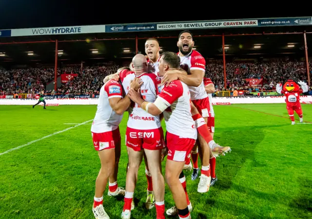 Hull KR players celebrate after beating Warrington Wolves last Friday