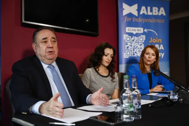 ALBA Party Holyrood leader Ash Regan MSP (R), party leader Alex Salmond (L) and Tasmina Ahmed-Sheikh (C), party chair, hold a press conference on November 30, 2023 in Edinburgh, Scotland.