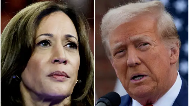 A composite image showing Kamala Harris and Donald Trump.