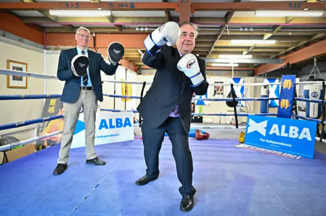 Former First Minister and leader of the Alba Party, Alex Salmond, poses for a picture with Kenny MacAskill in the boxing gym of former world champion Alex Arthur on April 26, 2021 in Edinburgh, Scotland.