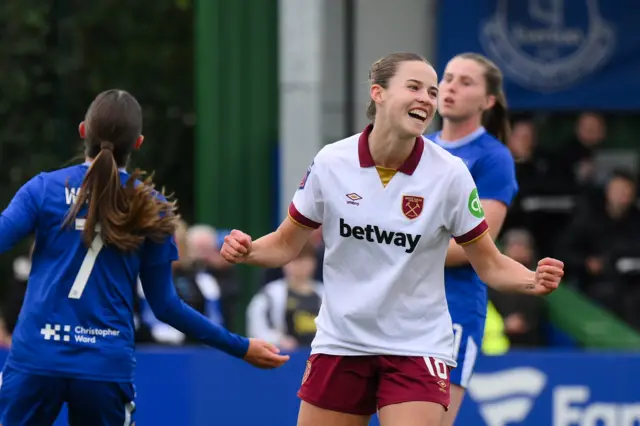 West Ham's Anouk Denton celebrates scoring against Everton