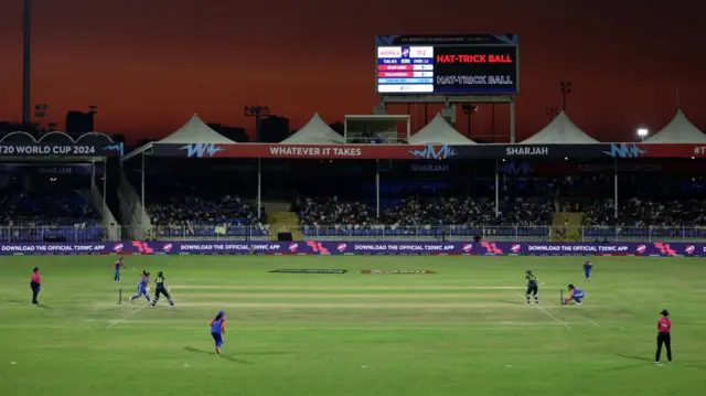 A general view as Renuka Singh of India bowls during the Women's T20 World Cup match between India and Australia at Sharjah Cricket Stadium