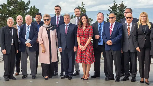 Salmond with conference delegates in Macedonia