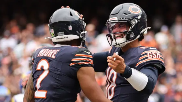 DJ Moore and Caleb Williams celebrate a Chicago Bears touchdown