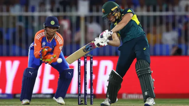 Grace Harris bats during the Women's T20 World Cup match between India and Australia at Sharjah Cricket Stadium