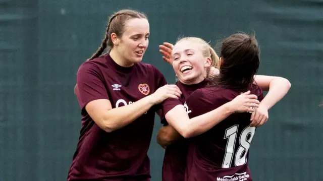 Kayla Jardine (centre) celebrates her deflected shot going in against Celtic