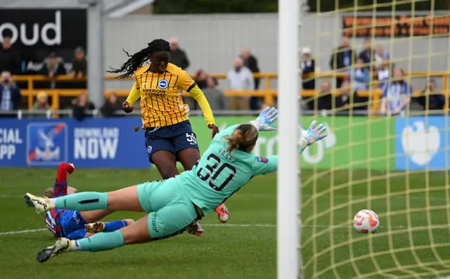 Michelle Agyemang of Brighton & Hove Albion has a shot saved by Shae Yanez