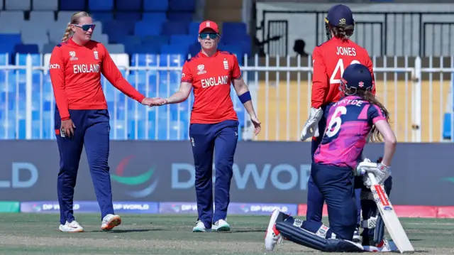 Scotland's Sarah Bryce reacts after being stumped out by England's Amy Jones