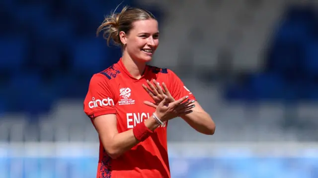 Lauren Bell of England looks on during the Women's T20 World Cup