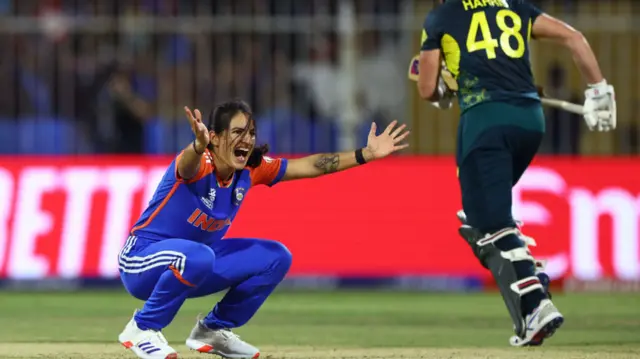 Renuka Singh appeals during the Women's T20 World Cup match between India and Australia