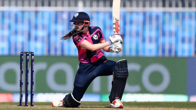 Sarah Bryce of Scotland bats during the Women's T20 World Cup match against England at Sharjah Cricket Stadium