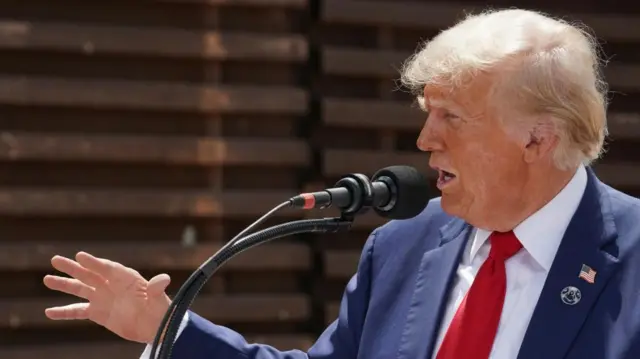 Trump speaks into a microphone. A giant brown wall looms behind him