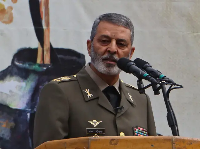 Commander-in-Chief of the Iranian Army Major General Abdolrahim Mousavi speaks during a rally outside the former US embassy in the capital Tehran on 4 November 2019