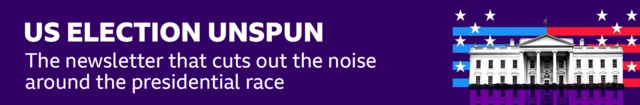 White text on a purple background for the US Election Unspun newsletter with an image of the White House