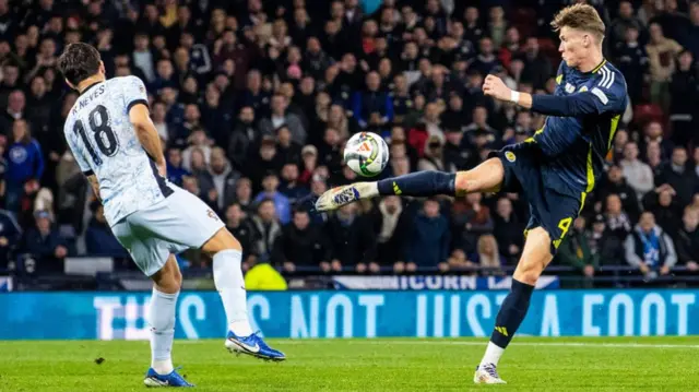 GLASGOW, SCOTLAND - OCTOBER 15: Scotland's Scott McTominay has a second half chance during a UEFA Nations League Group A1 match between Scotland and Portugal at Hampden Park, on October, 15, 2024, in Glasgow, Scotland. (Photo by Alan Harvey / SNS Group)