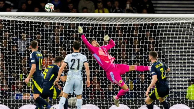 GLASGOW, SCOTLAND - OCTOBER 15: Scotland's Craig Gordon makes a save in the first half during a UEFA Nations League Group A1 match between Scotland and Portugal at Hampden Park, on October, 15, 2024, in Glasgow, Scotland. (Photo by Craig Williamson / SNS Group)