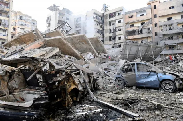 A view of damaged buildings following an Israeli strike at Dahieh district in Beirut