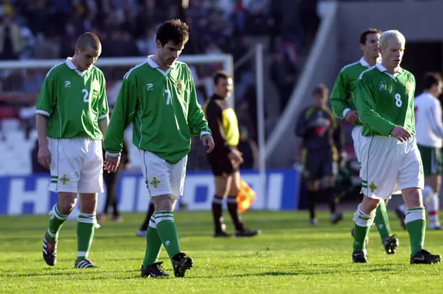 Northern Ireland players after a 4-3 defeat to Bulgaria in Sofia in 2001