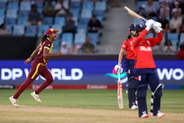 Hayley Matthews celebrates the wicket of Danni Wyatt-Hodge