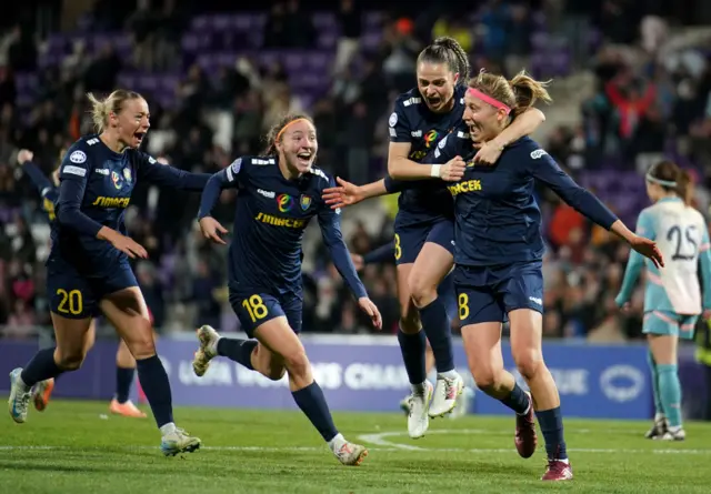 Kamila Dubcova celebrates with her teammates after scoring against Manchester City Manchester City