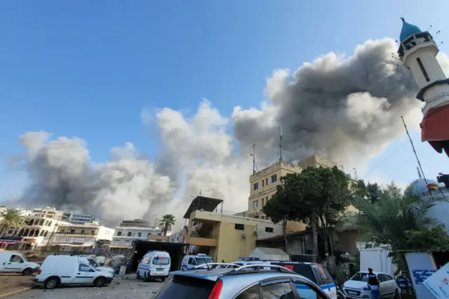 Smoke billows during Israeli airstrikes in the southern Lebanese city of Nabatiyeh