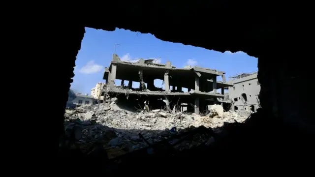 A damaged building in Qana, southern Lebanon, after an Israeli strike killed at least three people