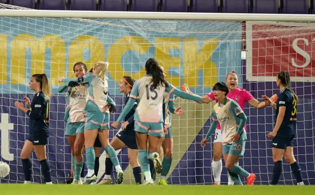 Manchester City women celebrate Mary Fowler's goal against St Polten