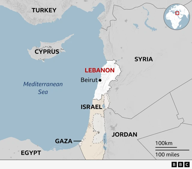 Map shows location of Lebanon and its capital Beirut