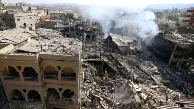 A view shows damaged buildings following an Israeli military strike in Qana, southern Lebanon