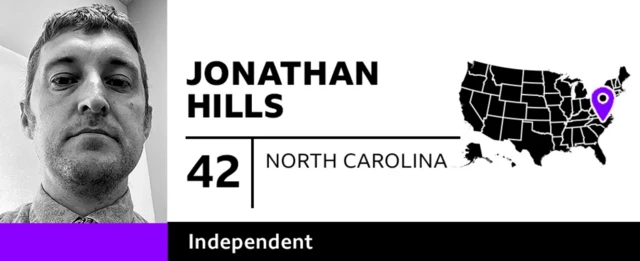 An image of Jonathan Hills and a map showing the location of North Carolina