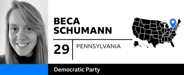 An image of Beca Schumann and a map showing the location of Pennsylvania