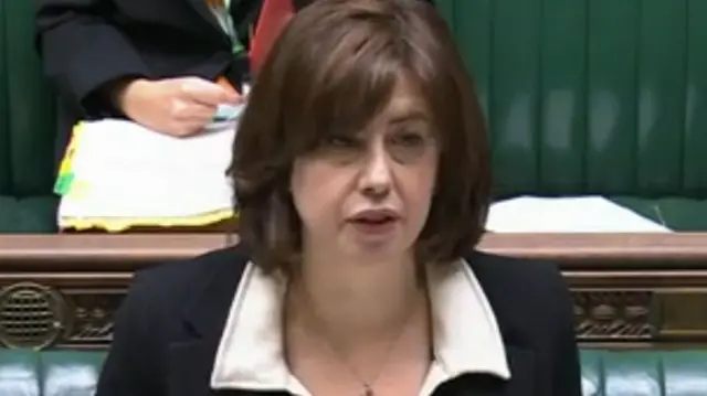 Lucy Powell stands at the despatch box in the House of Commons with the iconic dark green benches behind her