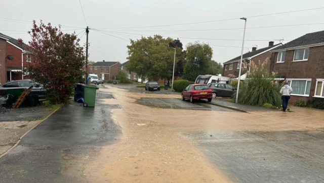 A residential street with houses and trees on both sides and brown water on the road in between