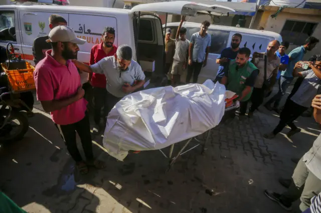 A body is brought to al-Aqsa Hospital in Deir-al-Balah after a reported Israeli attack