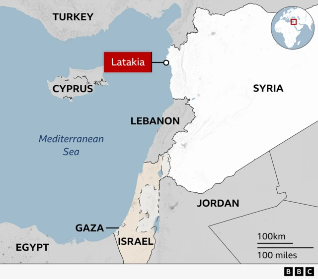 A map showing Latakia in western Syria