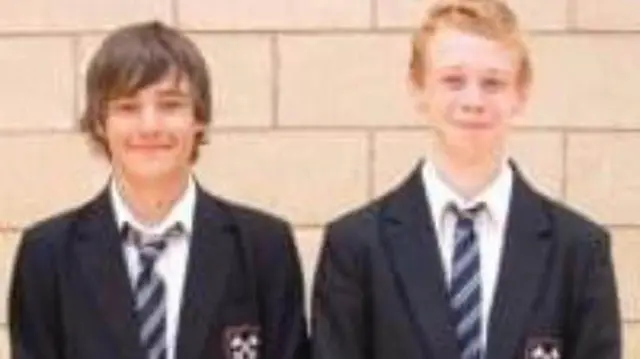 A young Liam Payne and John Carpenter and Liam Payne standing in his school uniforrm smiling