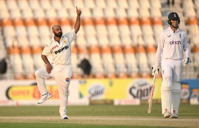 Sajid Khan celebrates the wicket of Ben Duckett