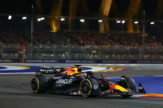 Max Verstappen on track in the Red Bull in Singapore