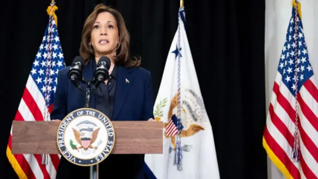 Kamala Harris, wearing a blue suit and black shirt, speaks at a podium which reads "vice-president of the United Sates"