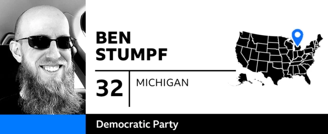 Graphic showing a picture of Ben Stumpf, his age, his party, his state, and a map of the US highlighting Michigan