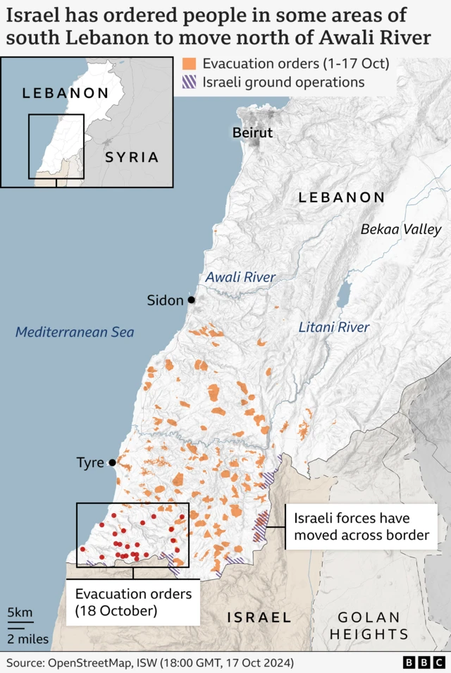 A map showing the locations in the evacuation order