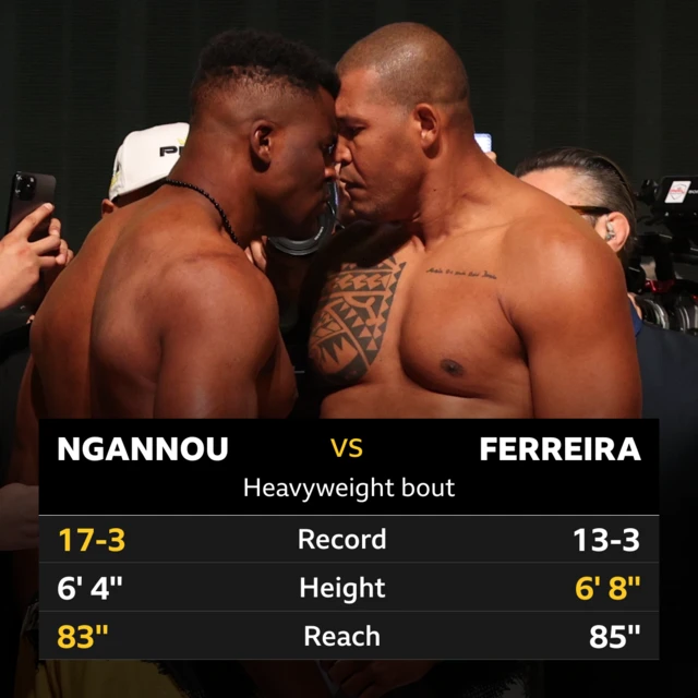 Stats for Francis Ngannou v Renan Ferreira. Record 17-3 for Ngannou, 13-3 for Ferreira. height 6' 4'' for Ngannou, 6' 8'' for Ferreira. Reach 83'' for Ngannou, 85'' for Ferreira.