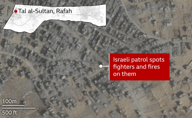 Satellite image shows the damaged buildings of Tal al-Sultan in Rafah from above. Inset map of Gaza shows Rafah is in the south of the Strip. Label shows where Israeli patrol spotted fighters and opened fire.